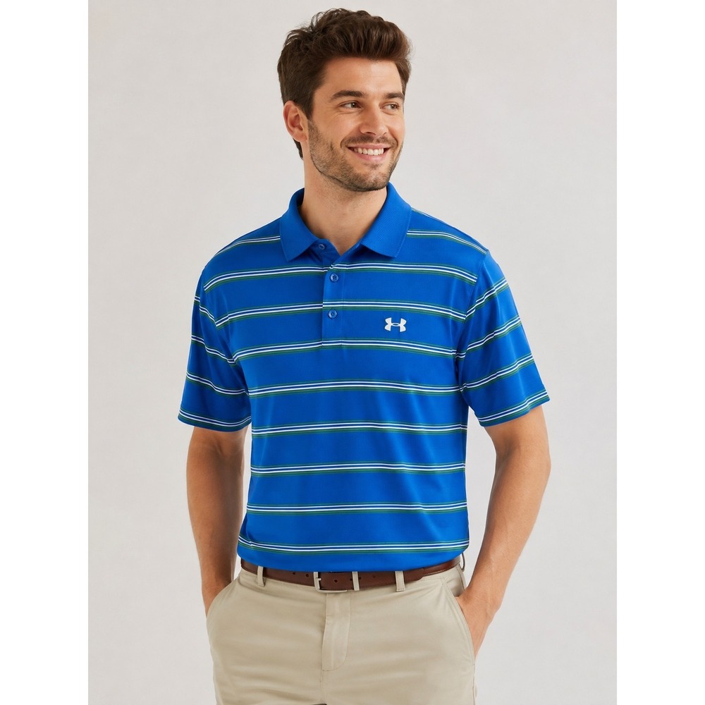 Under Armour Mens Polo Large Blue Stripe Catalyst HeatGear Loose Fit Short Slv